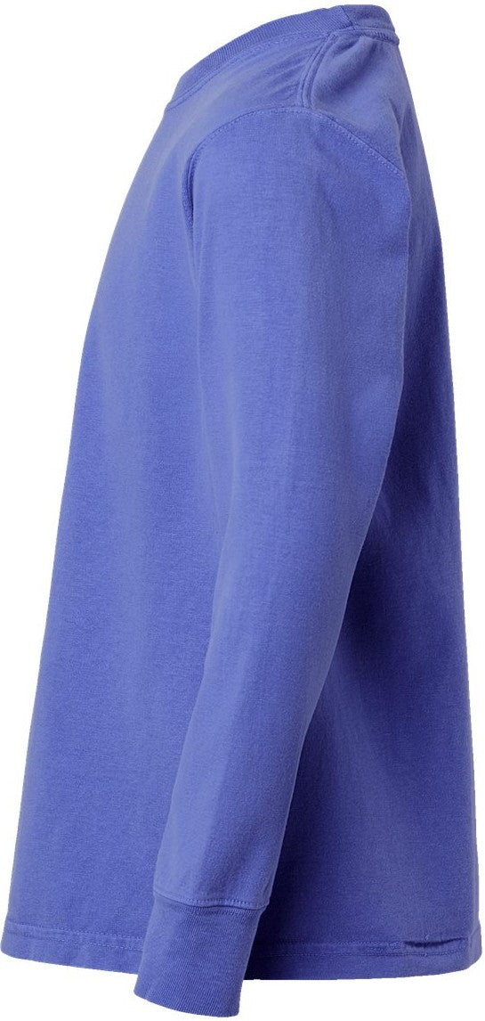 Left View of Deep Forte Blue Garment-Dyed Youth Long Sleeve T-Shirt - GDH275