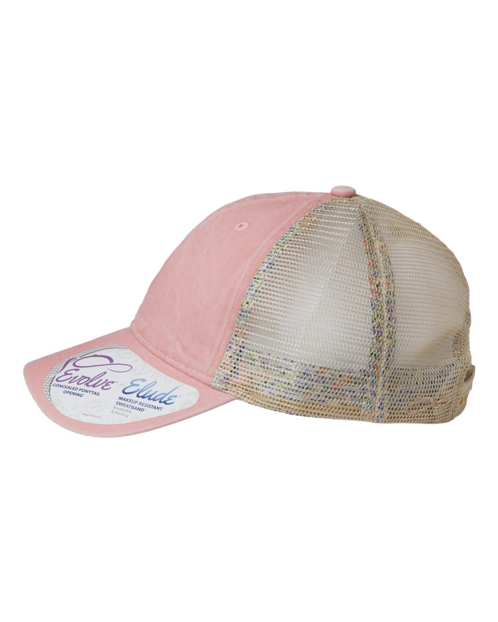 Left View of Dusty Pink/ Floral Women's Washed Mesh-Back Cap - TESS