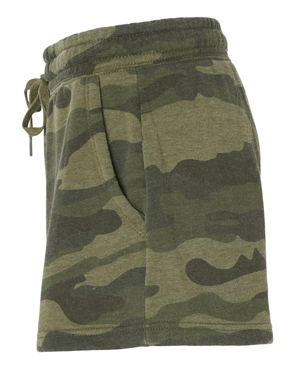 Left View of Forest Camo Heather Women’s Lightweight California Wave Wash Fleece Shorts - PRM20SRT