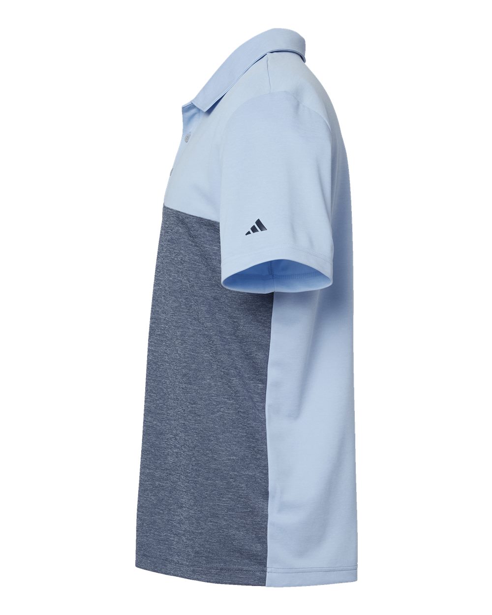 Left View of Glow Blue Heather/ Collegiate Navy Heather Heathered Colorblocked 3-Stripes Polo - A508