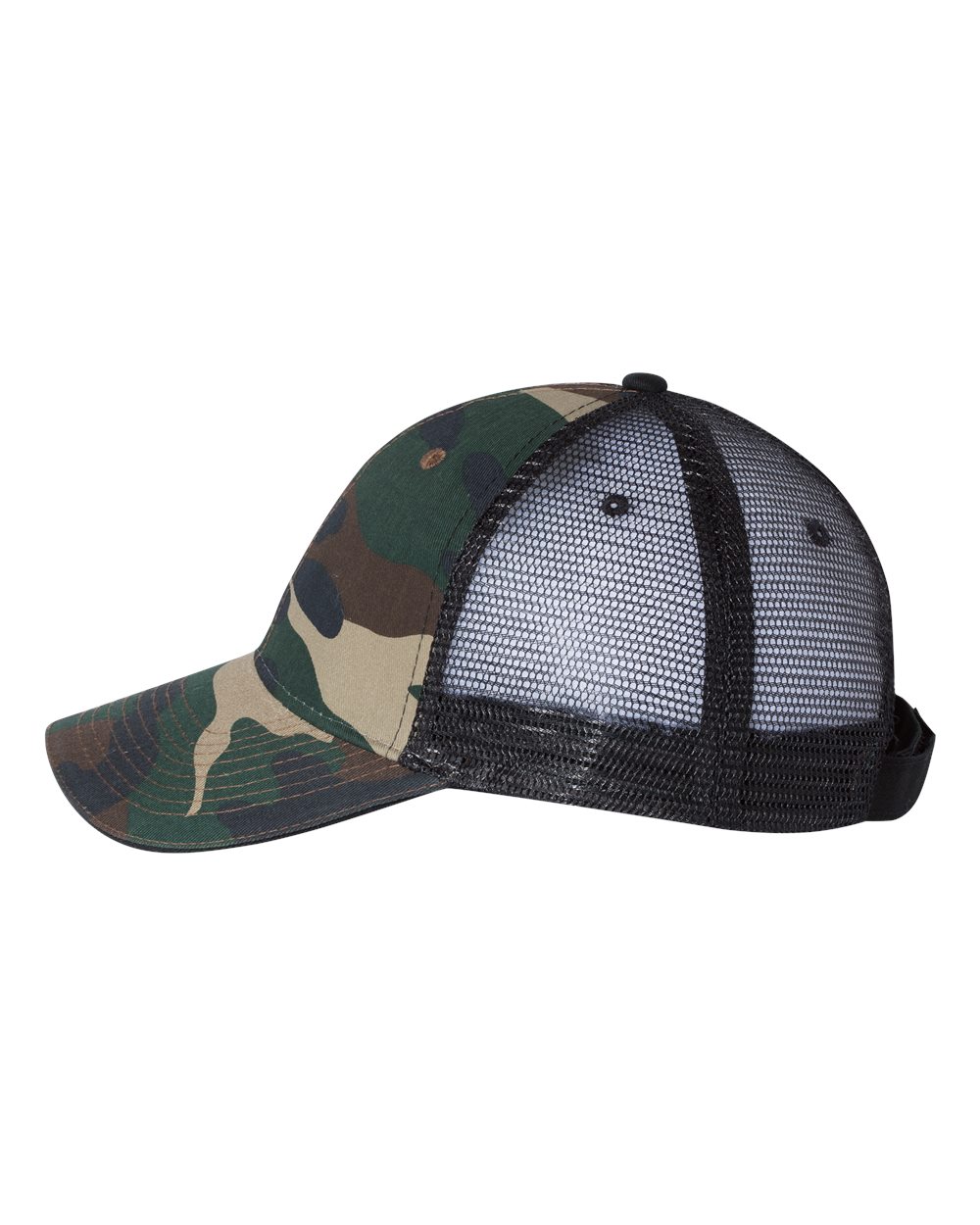 Left View of Green Camo/ Black Sandwich Trucker Cap - S102