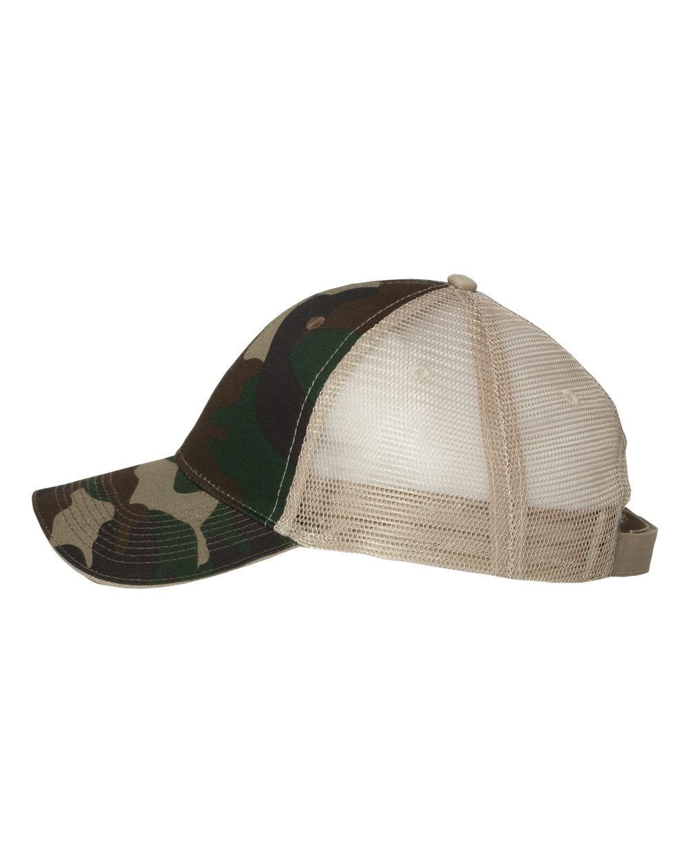 Left View of Green Camo/ Tan Sandwich Trucker Cap - S102