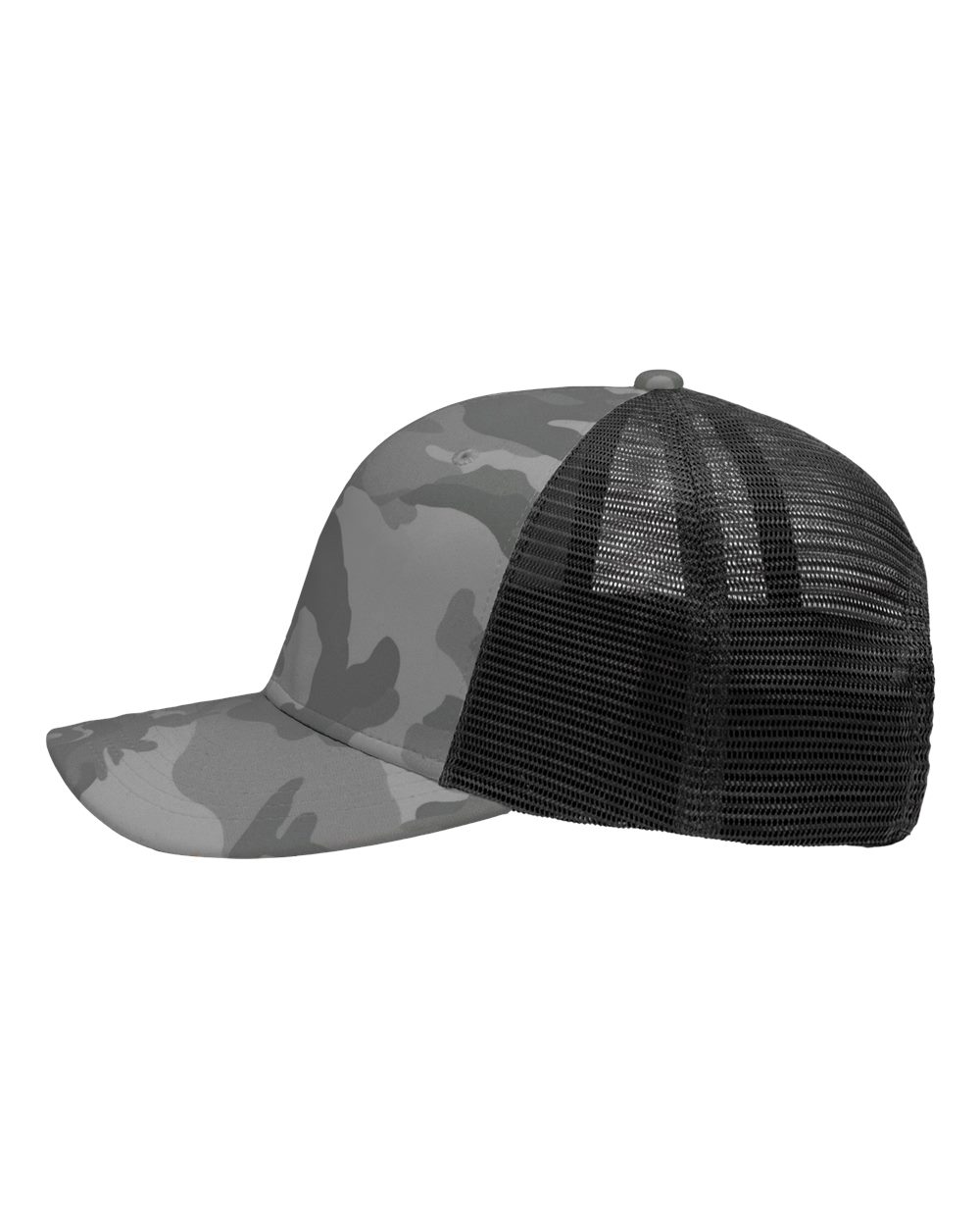 Left View of Grey Camo/ Black Traditional Lo-Pro Mesh Back Trucker Fit Cap - SP1450