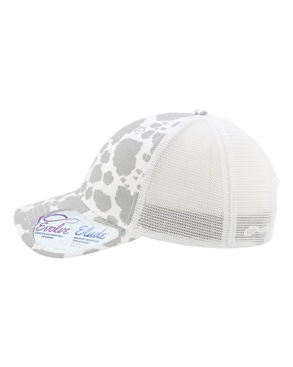 Left View of Grey Cow/ White Women's Modern Trucker Cap - CHARLIE