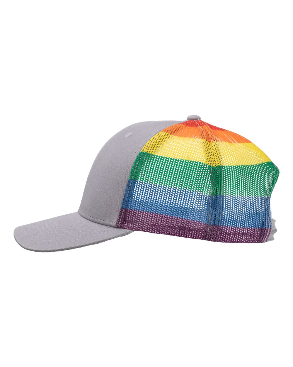 Left View of Grey/ Rainbow Printed Mesh Trucker Cap - S700M