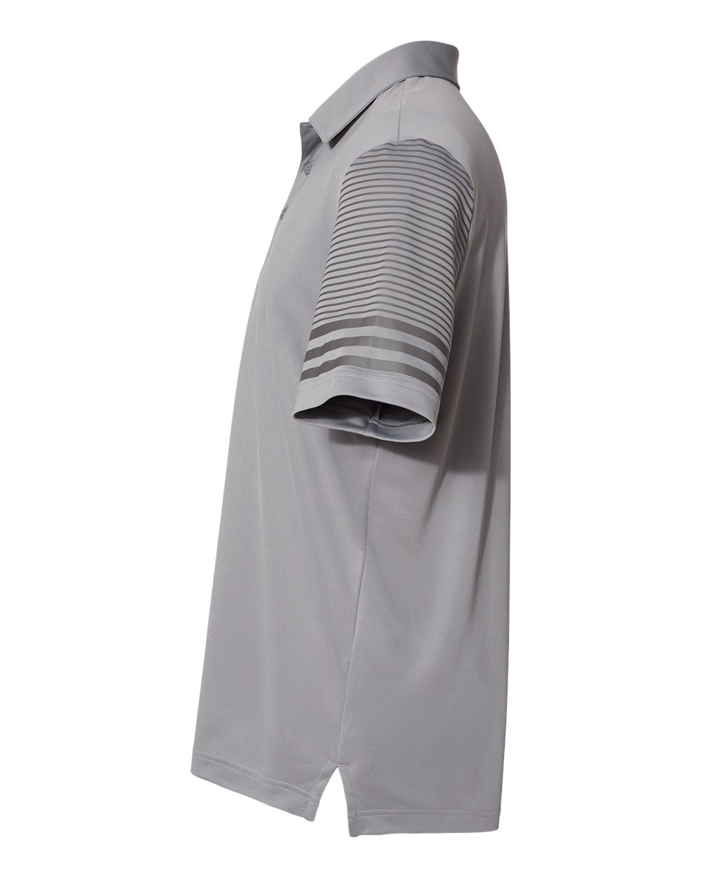 Left View of Grey Three/ Grey Five Striped Sleeve Polo - A490