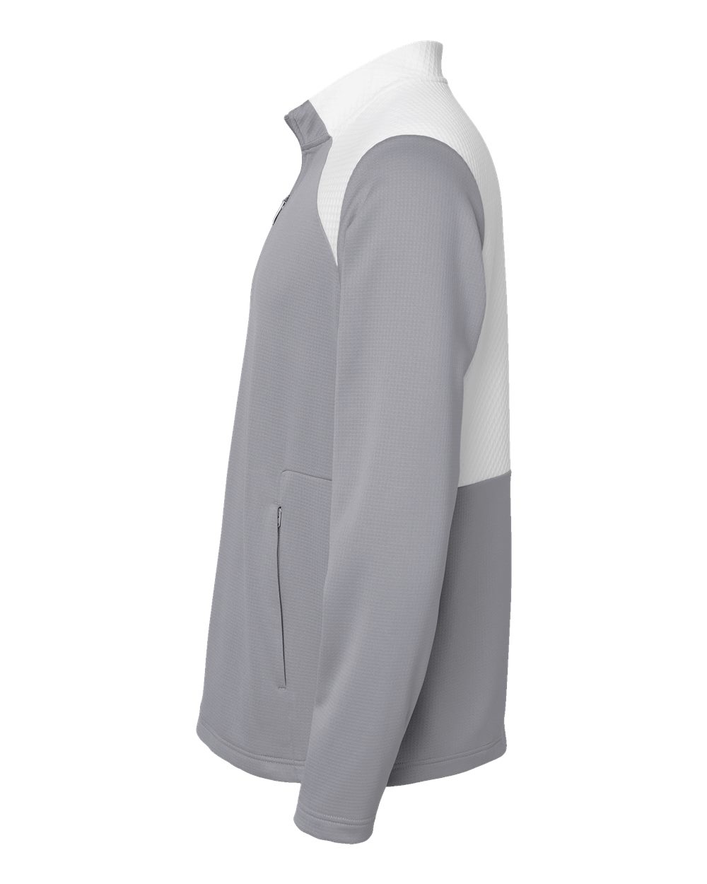 Left View of Grey Three/ White Textured Mixed Media Quarter-Zip Pullover - A532