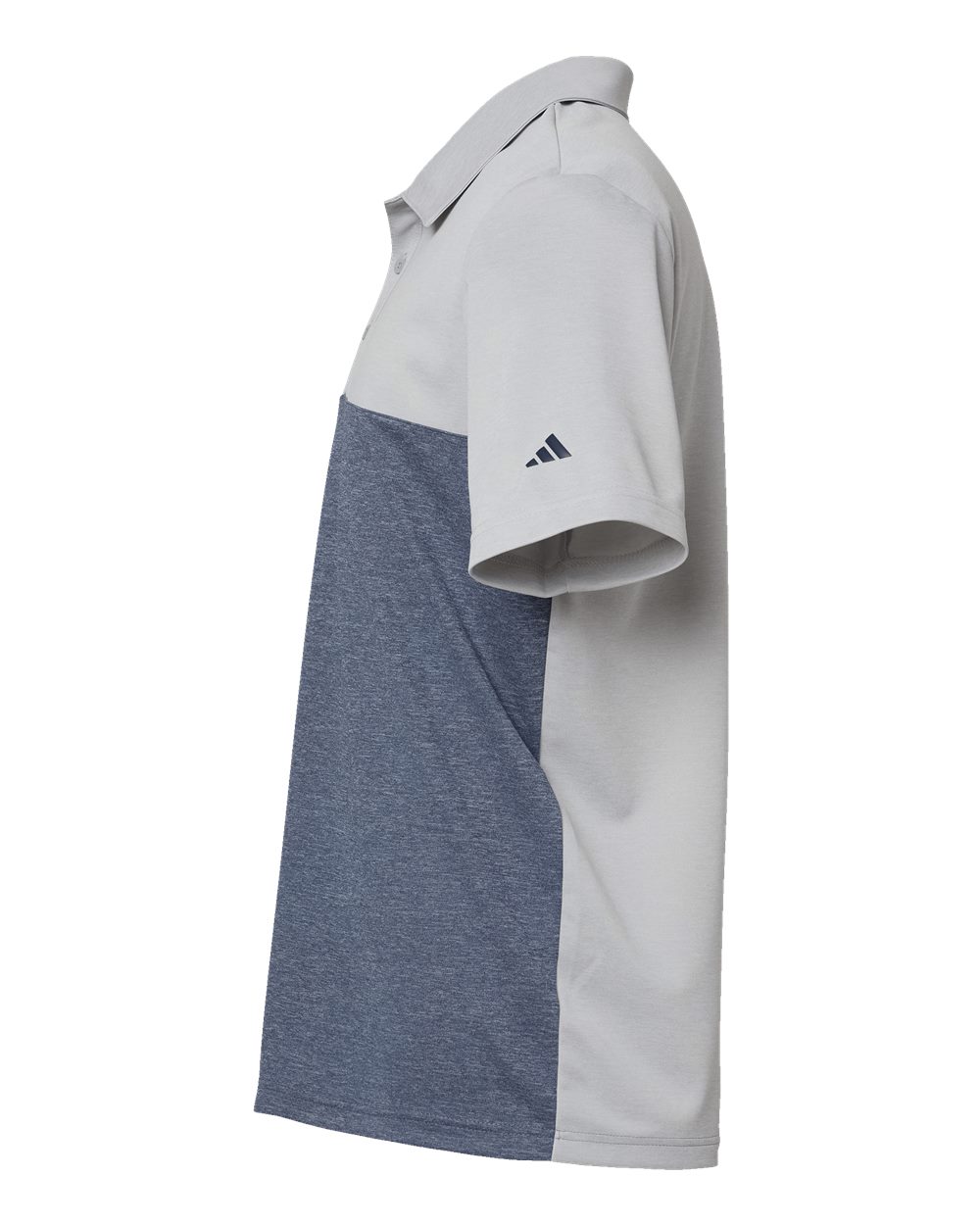 Left View of Grey Two Heather/ Collegiate Navy Heather Heathered Colorblocked 3-Stripes Polo - A508