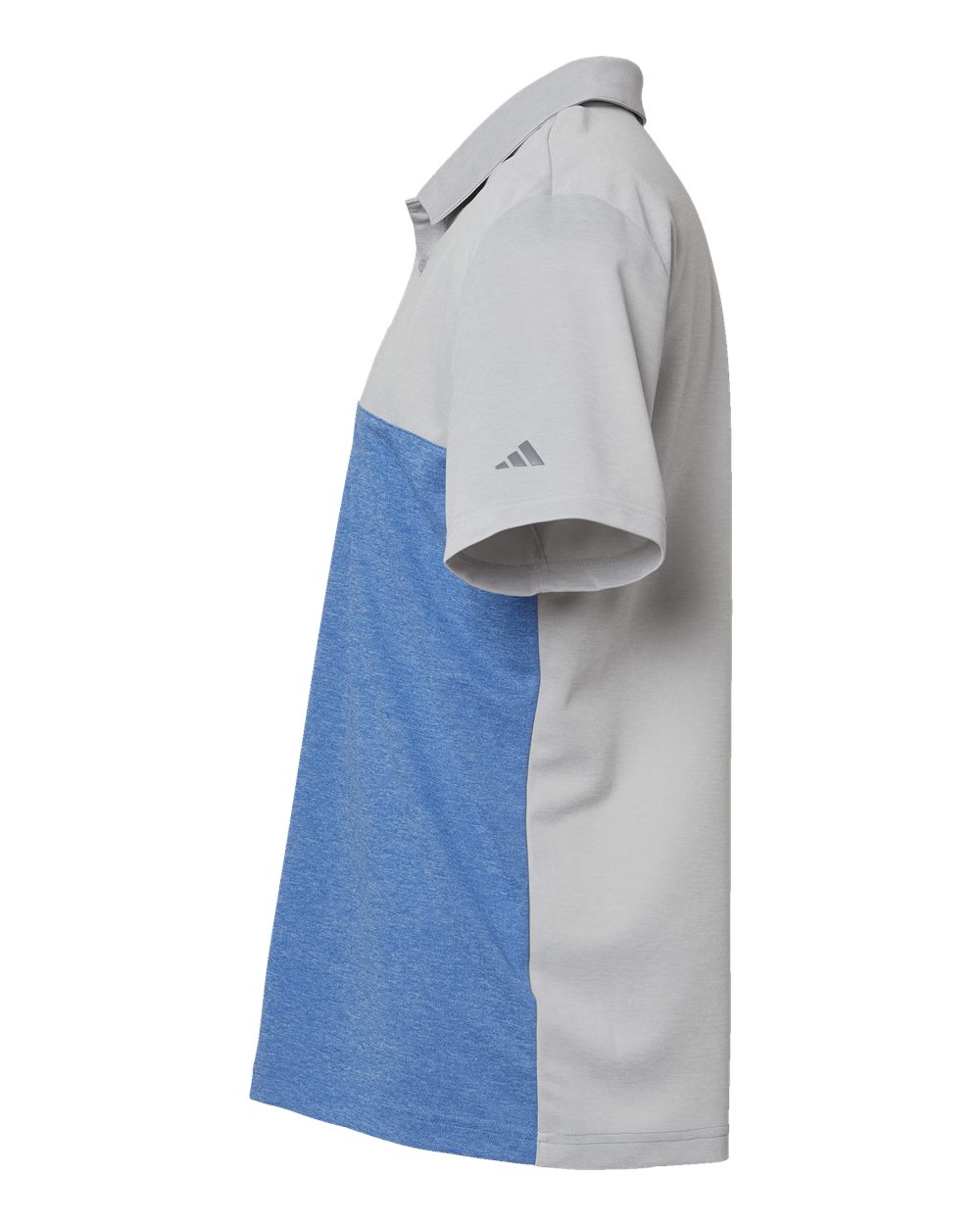 Left View of Grey Two Heather/ Collegiate Royal Heather Heathered Colorblocked 3-Stripes Polo - A508