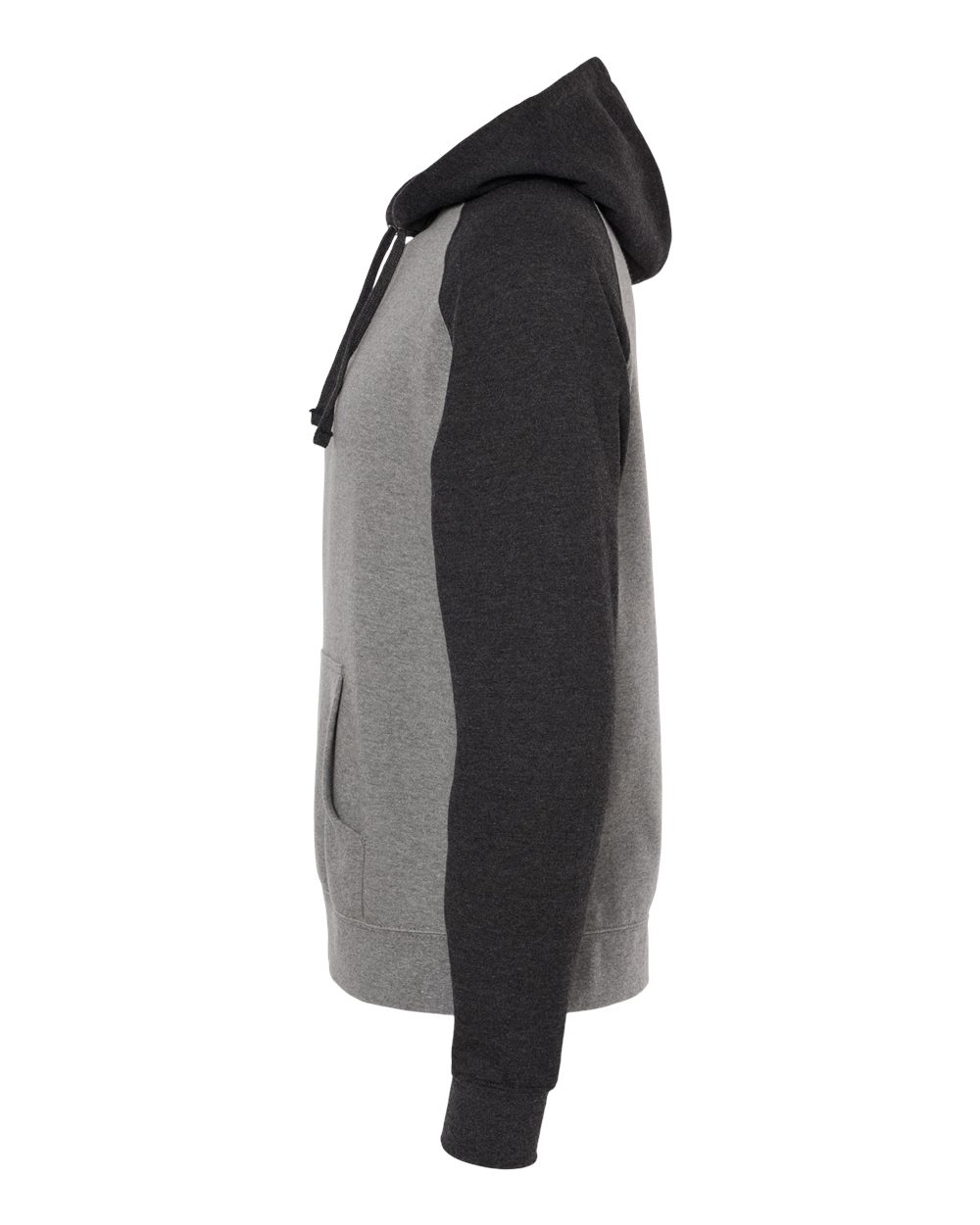 Left View of Gunmetal Heather/ Charcoal Heather Raglan Hooded Sweatshirt - IND40RP