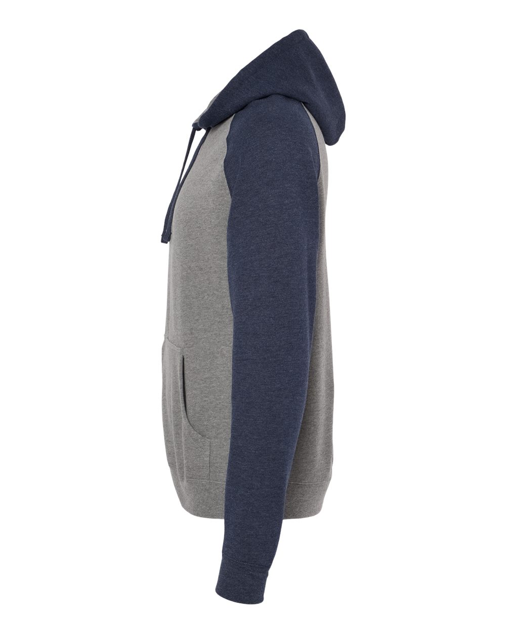 Left View of Gunmetal Heather/ Classic Navy Heather Raglan Hooded Sweatshirt - IND40RP