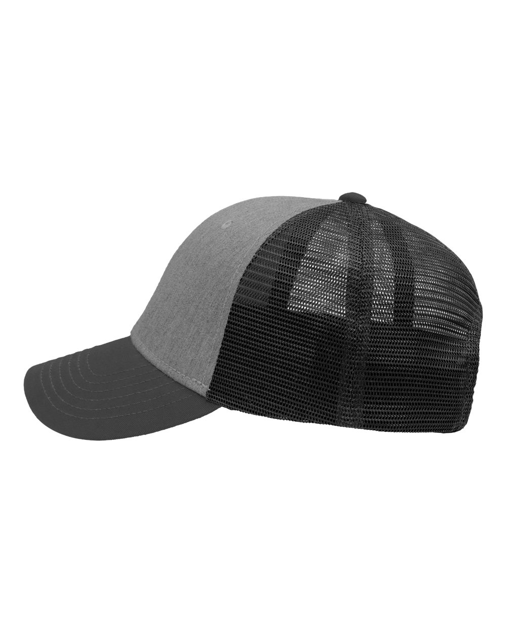 Left View of Heather Grey/ Charcoal/ Charcoal Traditional Lo-Pro Mesh Back Trucker Fit Cap - SP1450