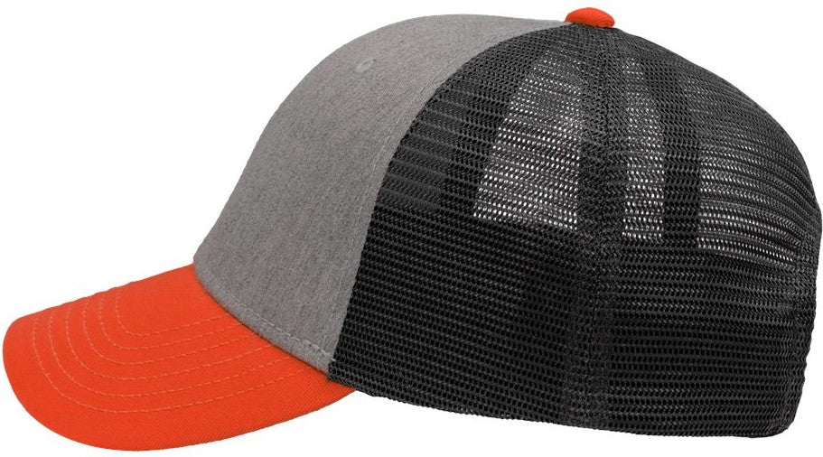 Left View of Heather Grey/ Charcoal/ Orange Traditional Lo-Pro Mesh Back Trucker Fit Cap - SP1450