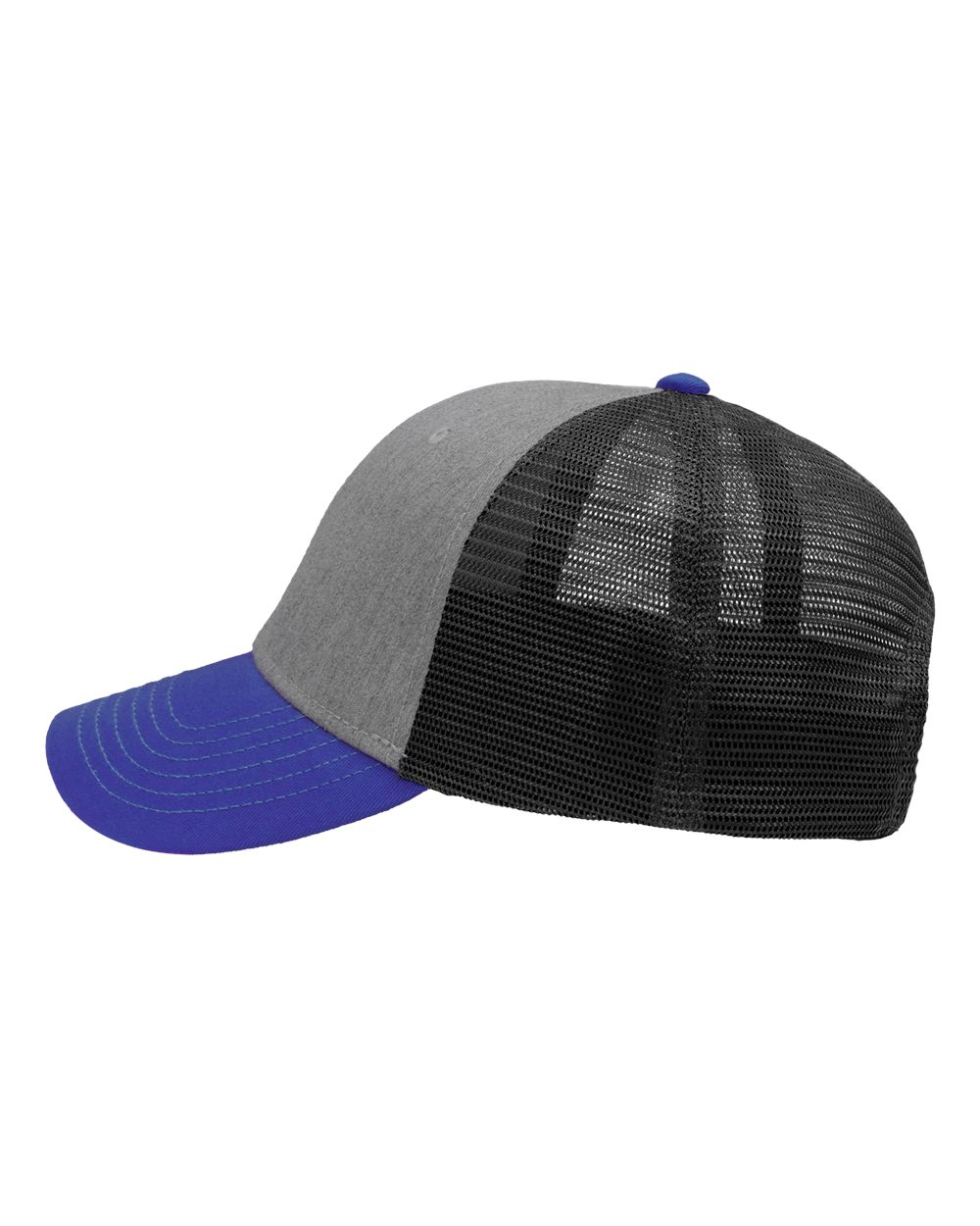 Left View of Heather Grey/ Charcoal/ Royal Traditional Lo-Pro Mesh Back Trucker Fit Cap - SP1450