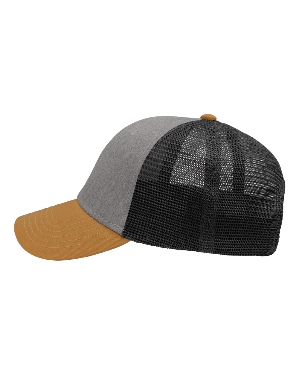 Left View of Heather Grey/ Charcoal/ Vegas Gold Traditional Lo-Pro Mesh Back Trucker Fit Cap - SP1450
