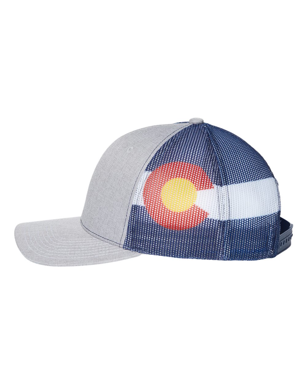 Left View of Heather Grey/ Colorado Flag Printed Mesh Trucker Cap - S700M
