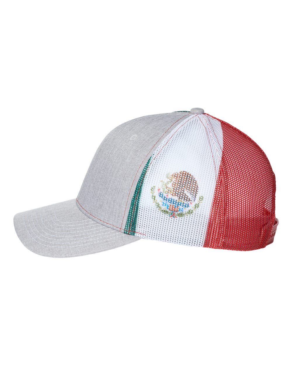 Left View of Heather Grey/ Red/ Mexico Flag Printed Mesh Trucker Cap - S700M