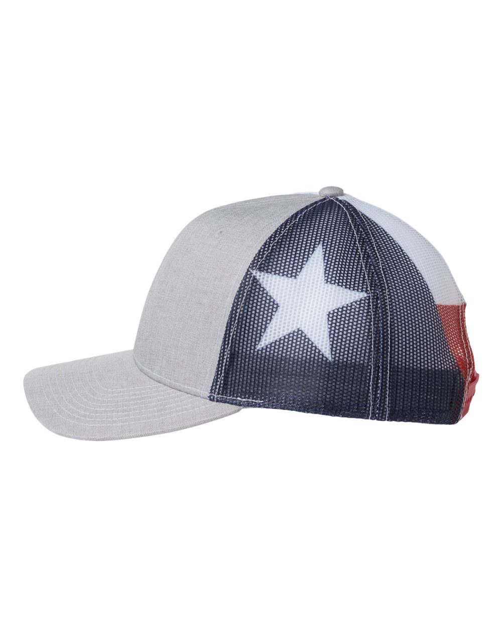 Left View of Heather Grey/ Texas Flag Printed Mesh Trucker Cap - S700M