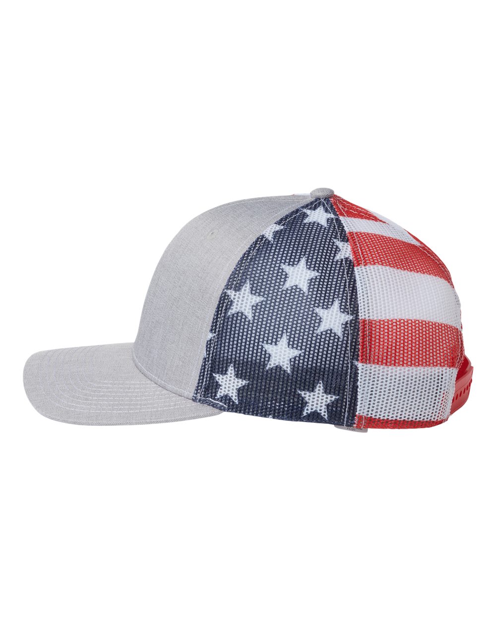 Left View of Heather Grey/ USA Flag Printed Mesh Trucker Cap - S700M
