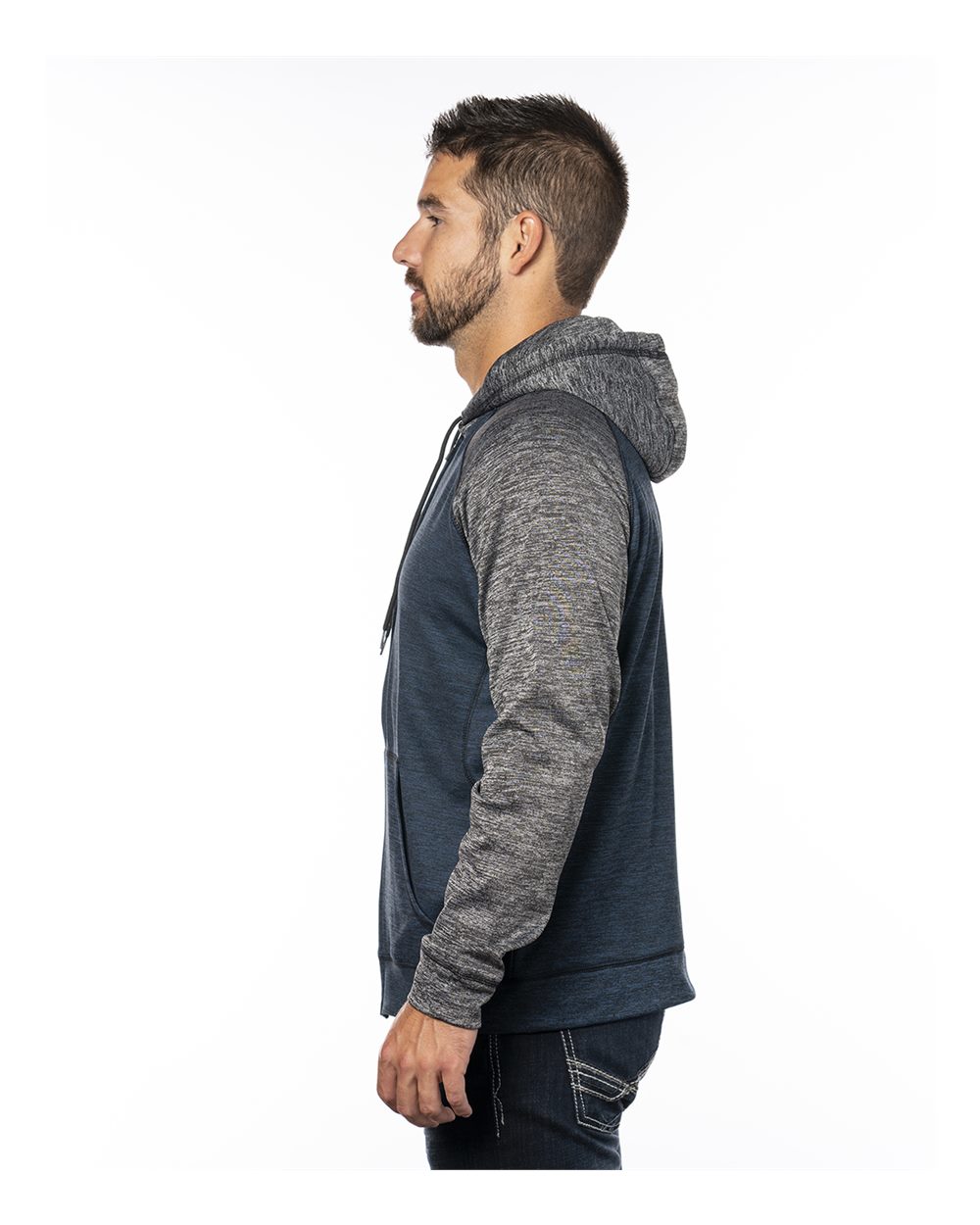 Left View of Heather Navy/ Heather Charcoal Performance Raglan Full-Zip Sweatshirt - 8660