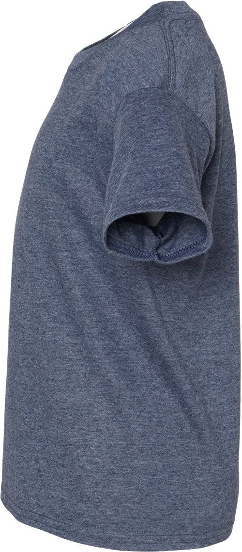 Left View of Heather Navy Softstyle® Youth T-Shirt - 64000B