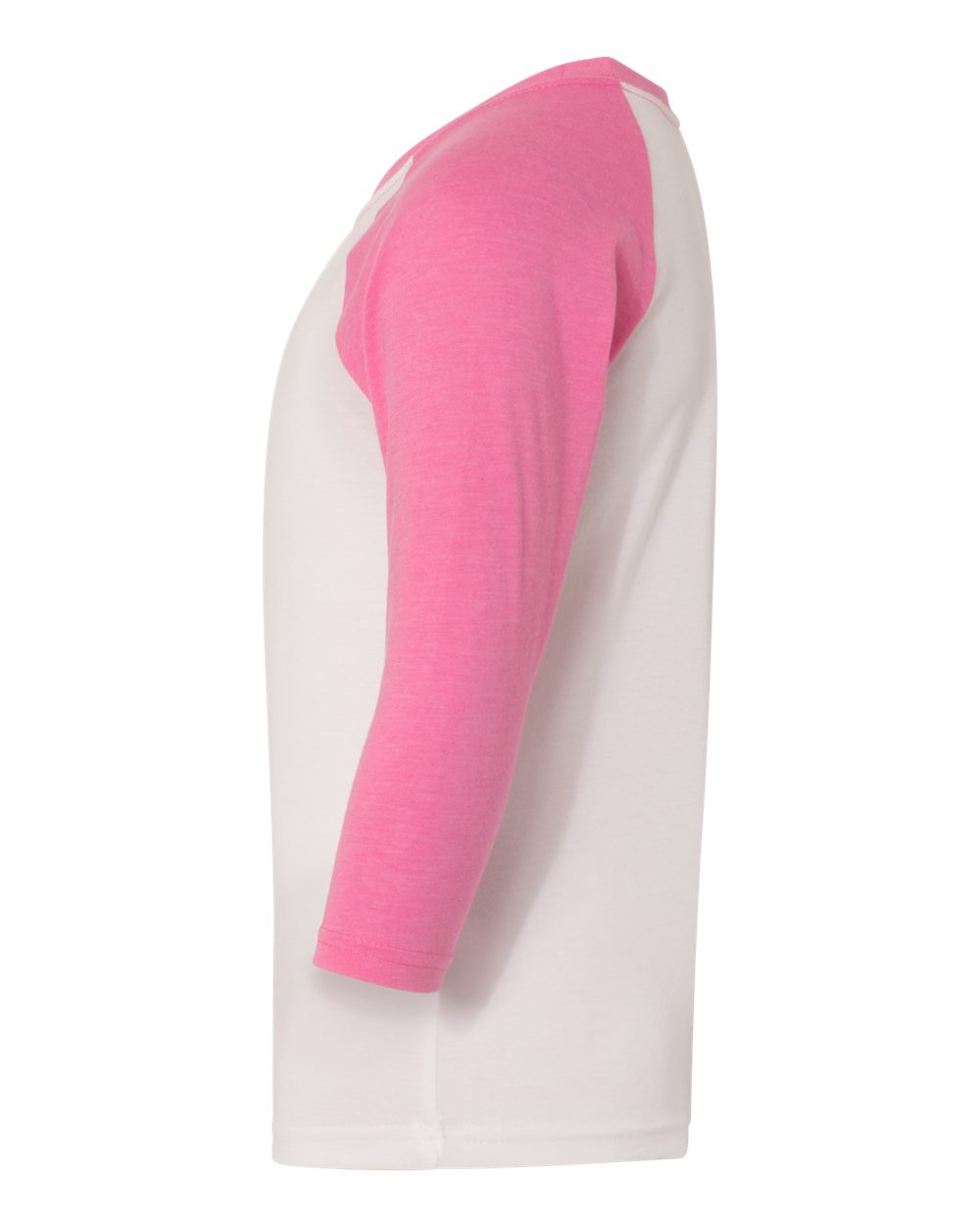 Left View of Hot Pink Sleeves/ White Body Youth CVC Three-Quarter Sleeve Raglan T-Shirt - 3352
