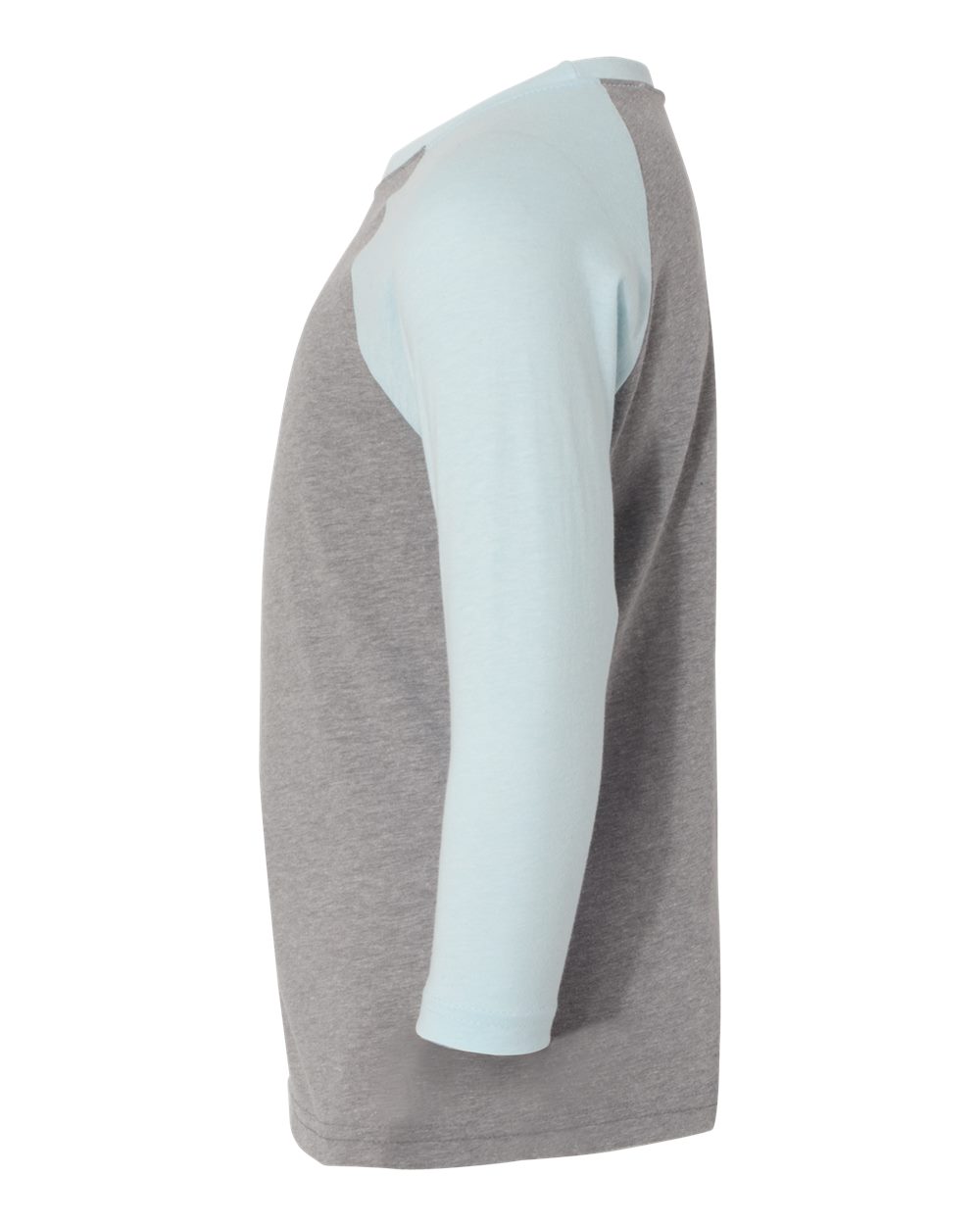 Left View of Ice Blue Sleeves/ Dark Heather Grey Body Youth CVC Three-Quarter Sleeve Raglan T-Shirt - 3352