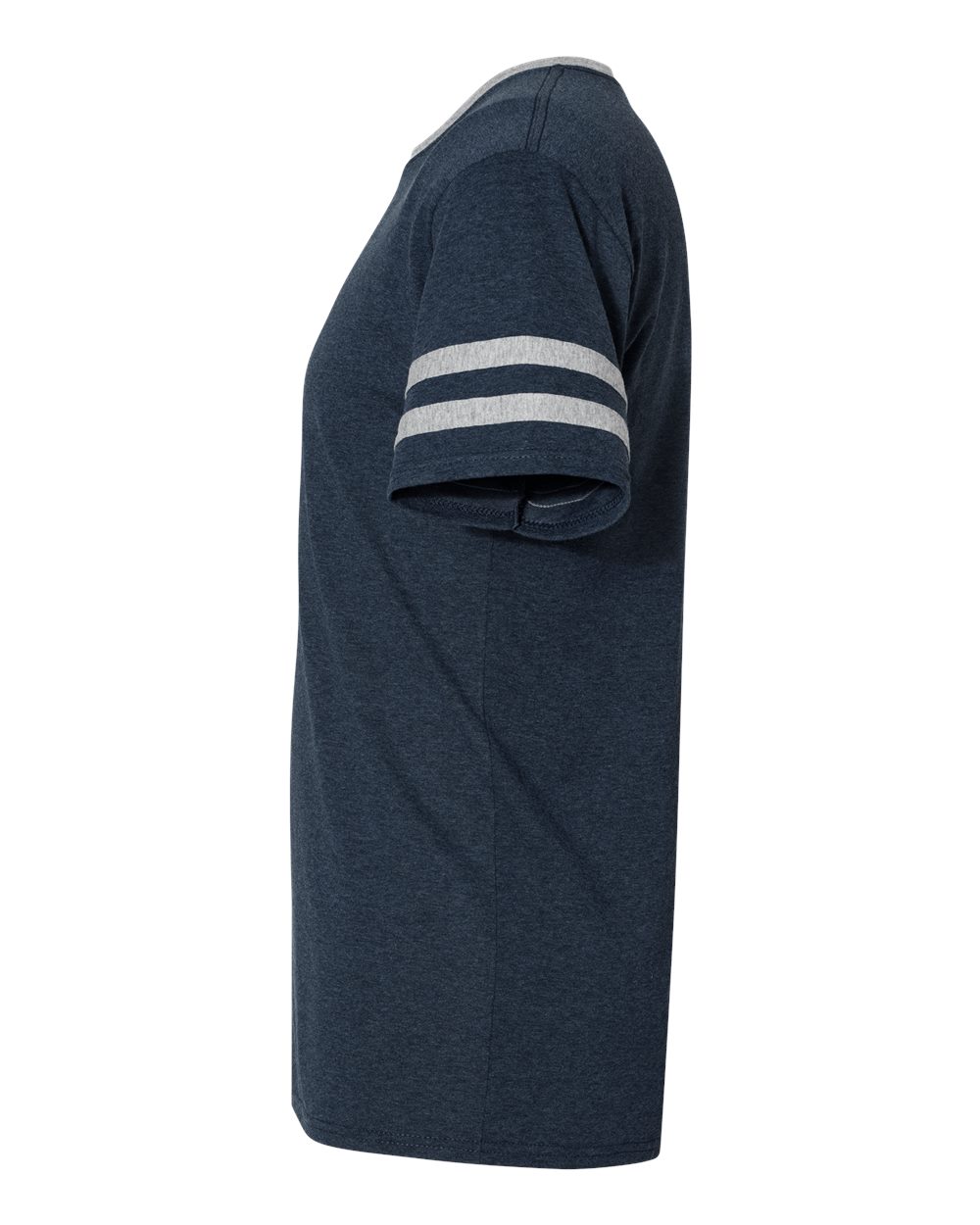 Left View of Indigo Heather/ Oxford Triblend Varsity Ringer T-Shirt - 602MR