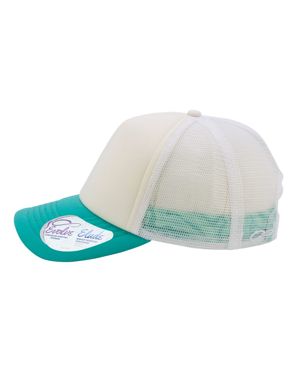 Left View of Ivory/ Jade/ White/ Swirl Women's Foam Trucker Cap - ROSIE