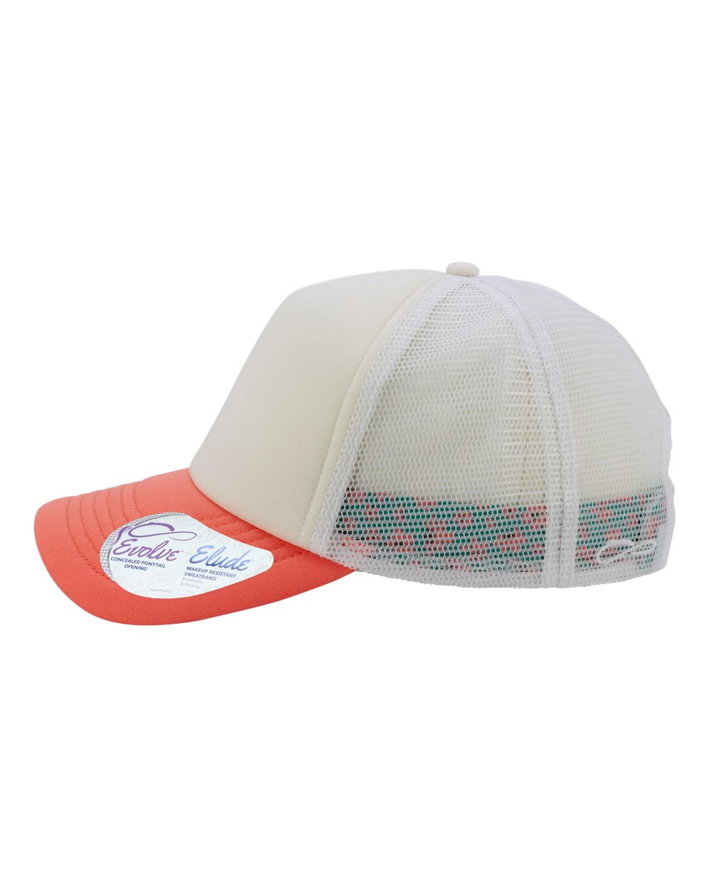 Left View of Ivory/ Sherbert/ White/ Floral Women's Foam Trucker Cap - ROSIE