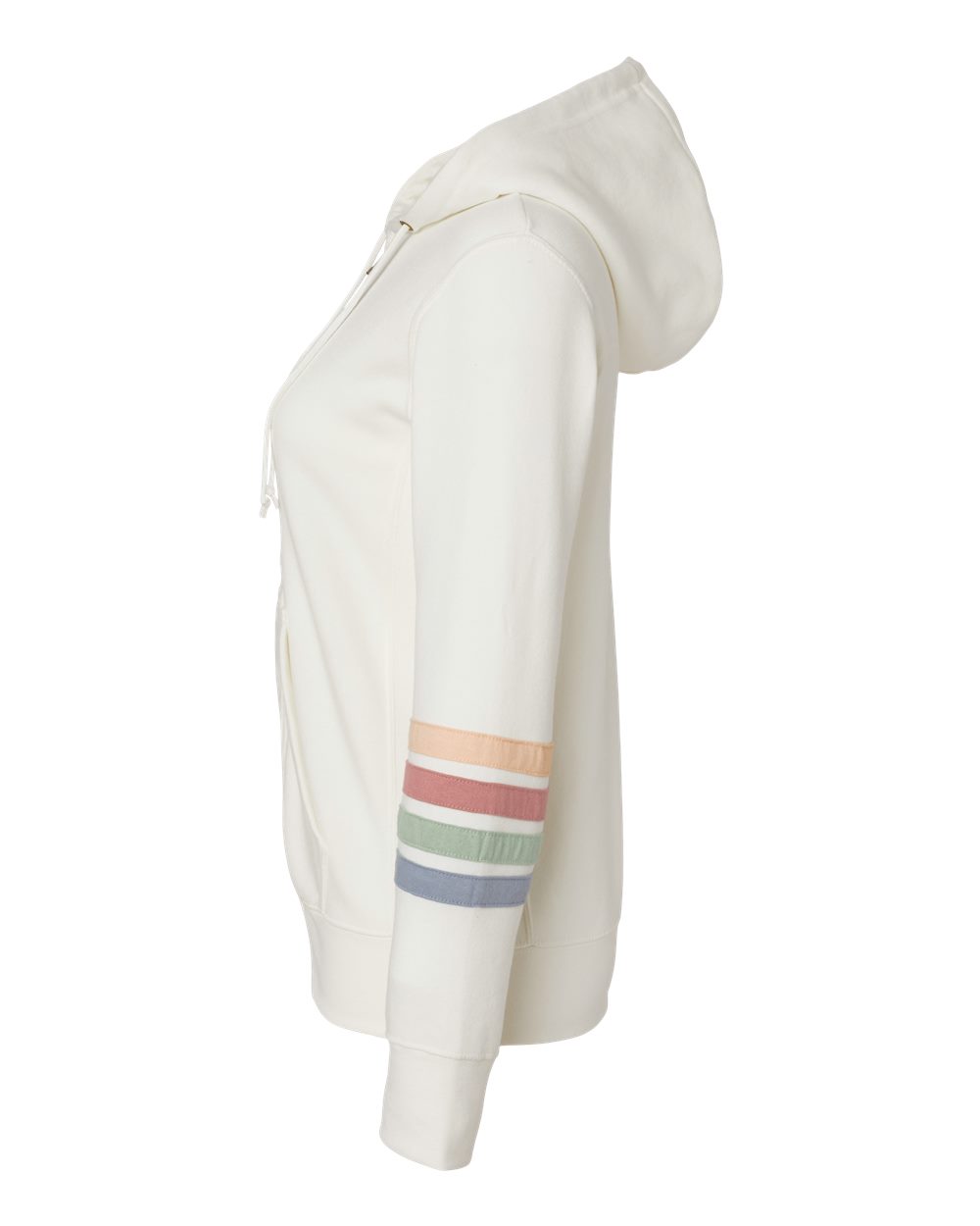 Left View of Ivory Women's Striped Sleeves Full-Zip Hooded Sweatshirt - W22732