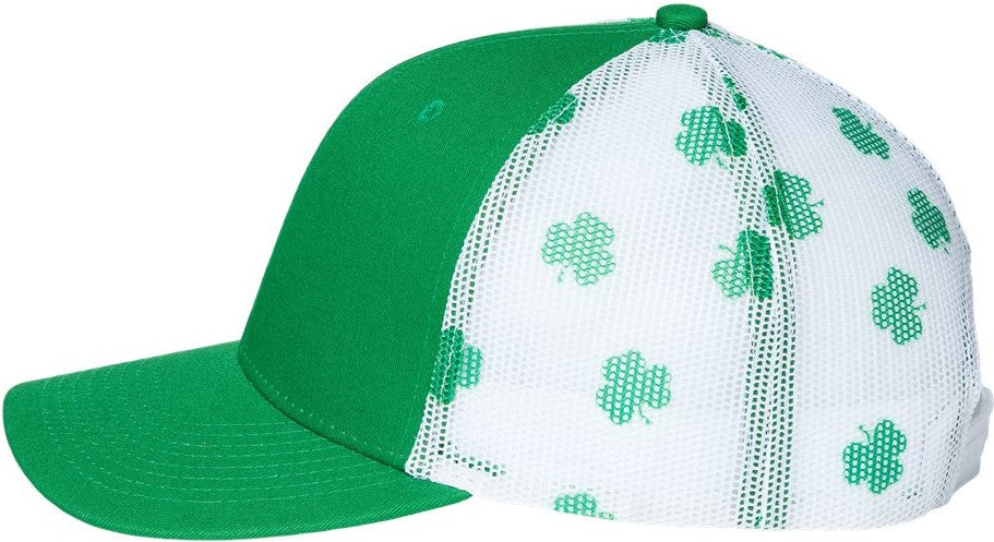 Left View of Kelly Green/ White/ Clover Printed Mesh Trucker Cap - S700M