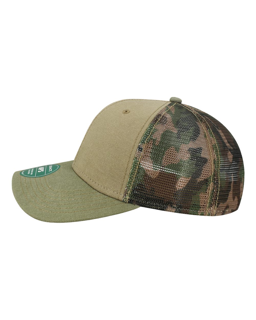 Left View of Khaki/ Sage/ Camo Mesh Mid-Pro Snapback Trucker Cap - MPS