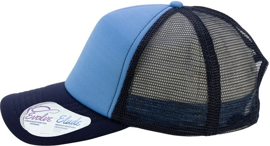 Left View of Light Blue/ Navy/ Navy/ Graffiti Women's Foam Trucker Cap - ROSIE