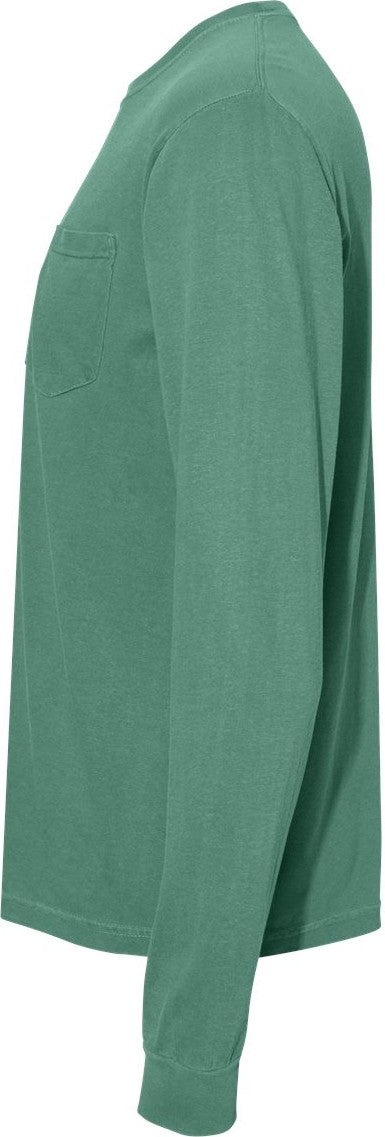 Left View of Light Green Garment-Dyed Heavyweight Long Sleeve Pocket T-Shirt - 4410