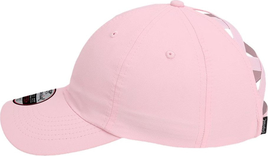 Left View of Light Pink The Hinsen Women's Performance Ponytail Cap - L338