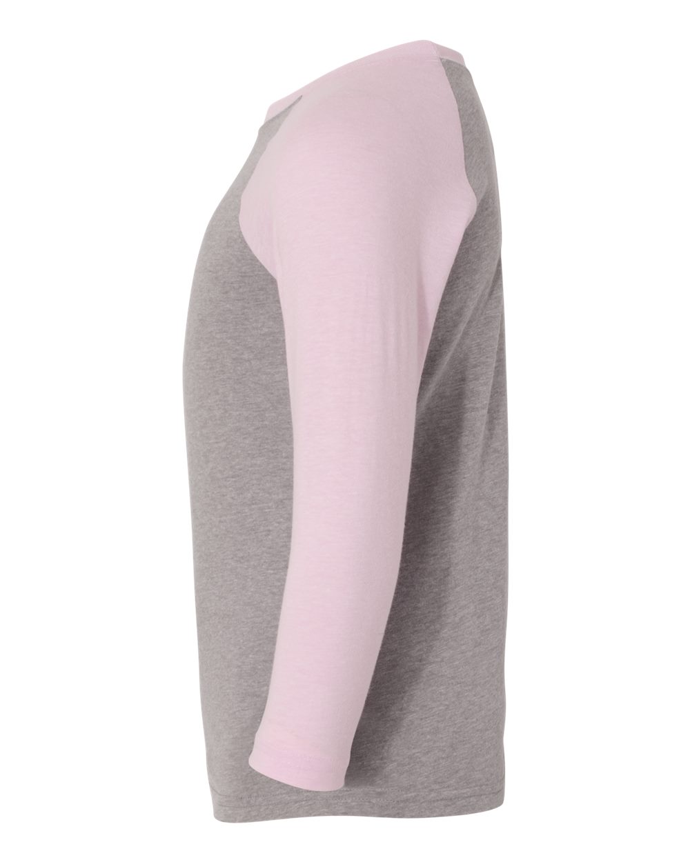 Left View of Lilac Sleeves/ Dark Heather Grey Body Youth CVC Three-Quarter Sleeve Raglan T-Shirt - 3352