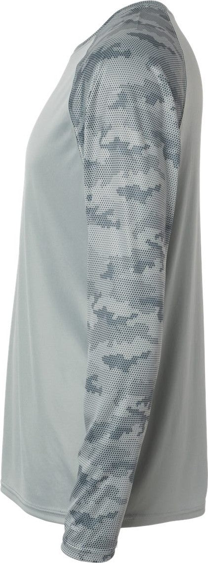 Left View of Medium Grey Cayman Performance Camo Colorblocked Long Sleeve T-Shirt - 216