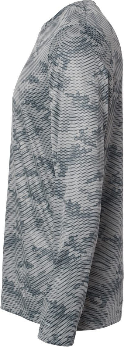 Left View of Medium Grey Pompano Performance Camo Long Sleeve T-Shirt - 217
