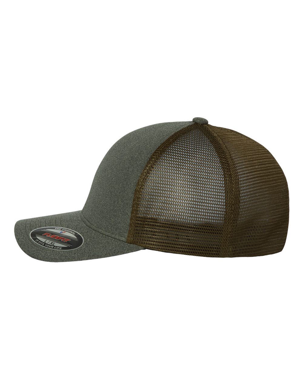 Left View of Melange Olive Unipanel™ Trucker Cap - 5511UP