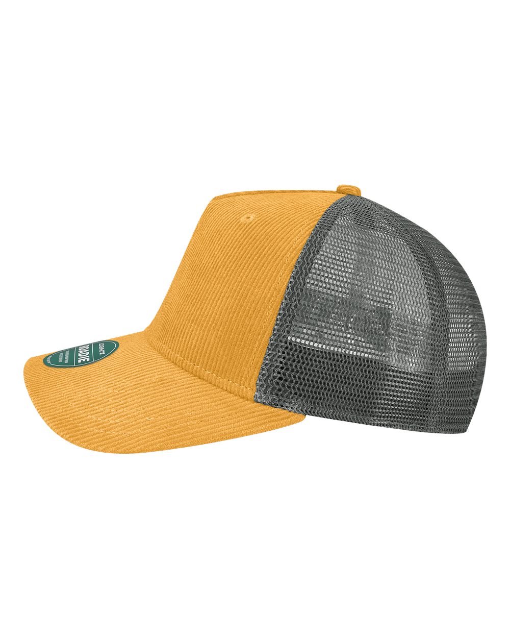 Left View of Mustard Corduroy/ Dark Grey Five-Panel Trucker Cap - ROADIE