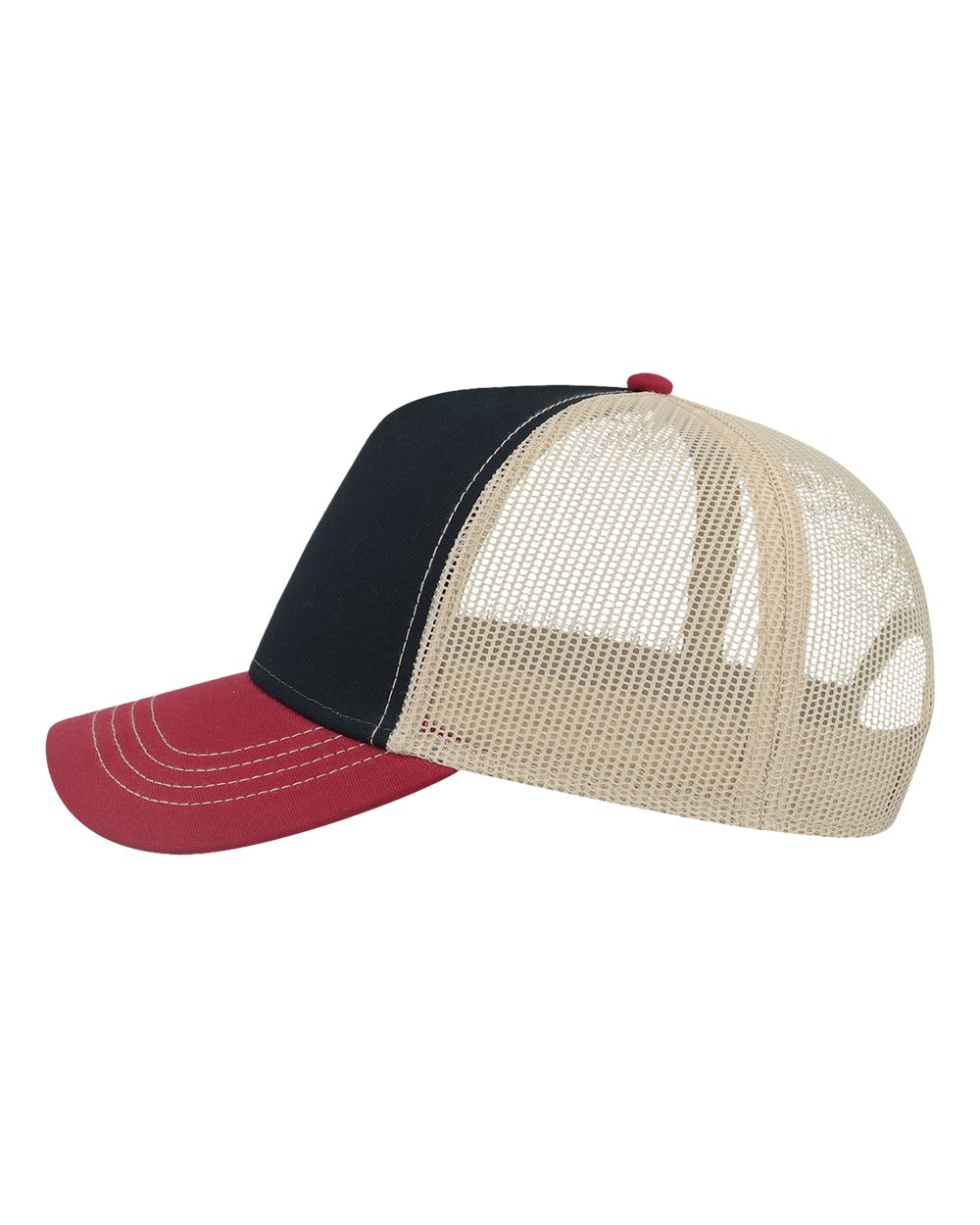 Left View of Navy/ Burgundy/ Khaki Sustainable Canvas Cap - RAPPER