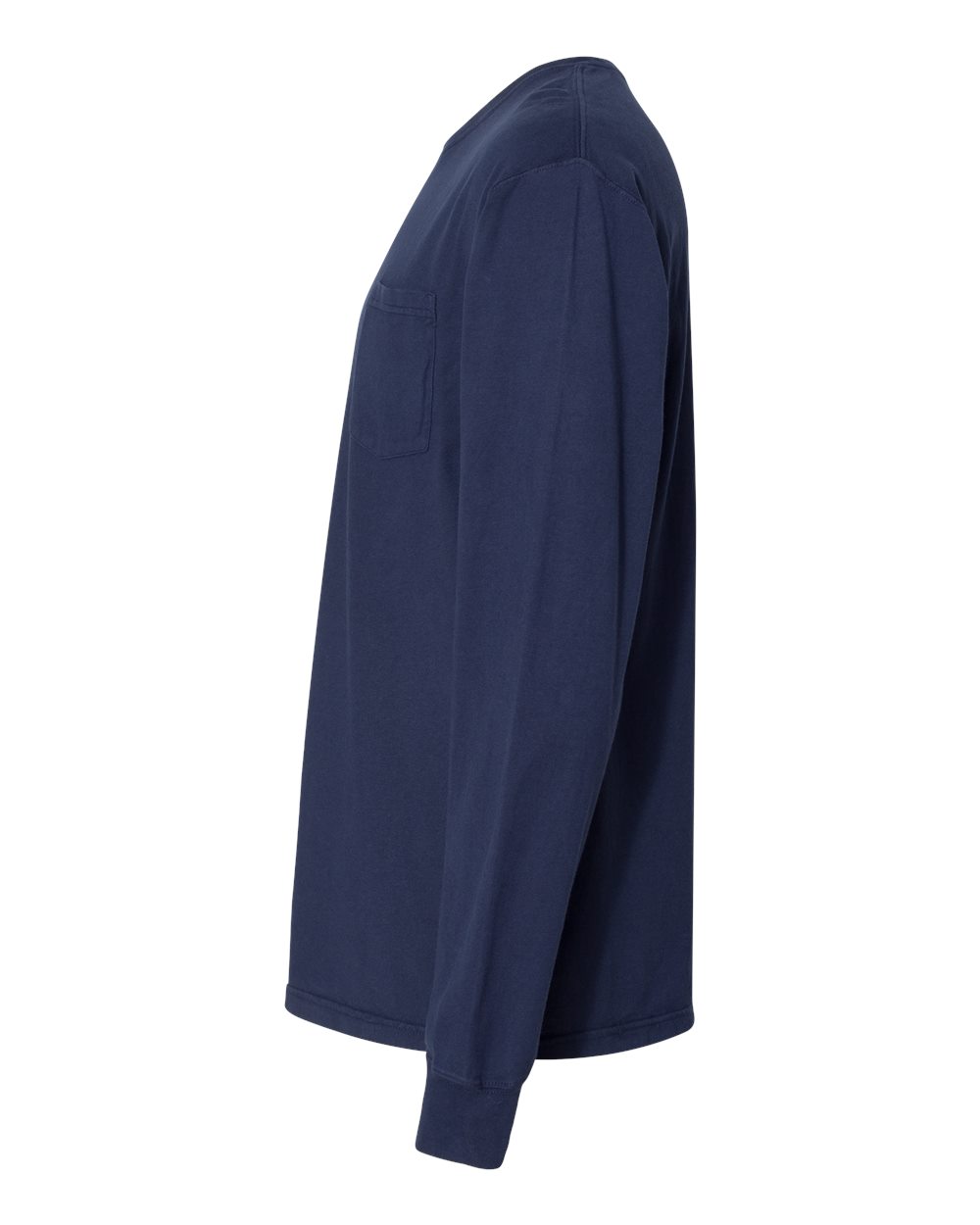 Left View of Navy Garment-Dyed Long Sleeve T-Shirt With a Pocket - GDH250