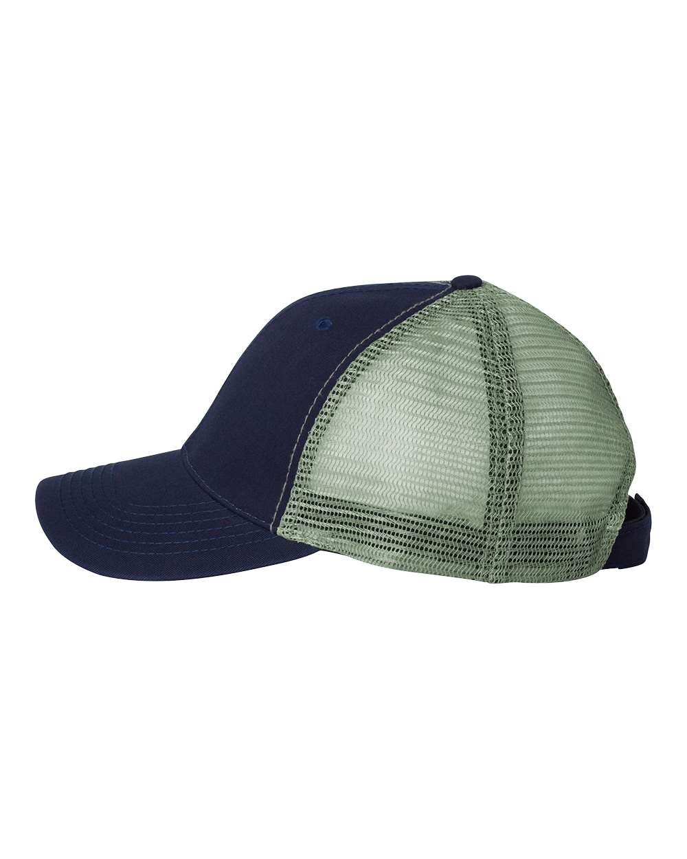 Left View of Navy/ Grey Bio-Washed Trucker Cap - AH80
