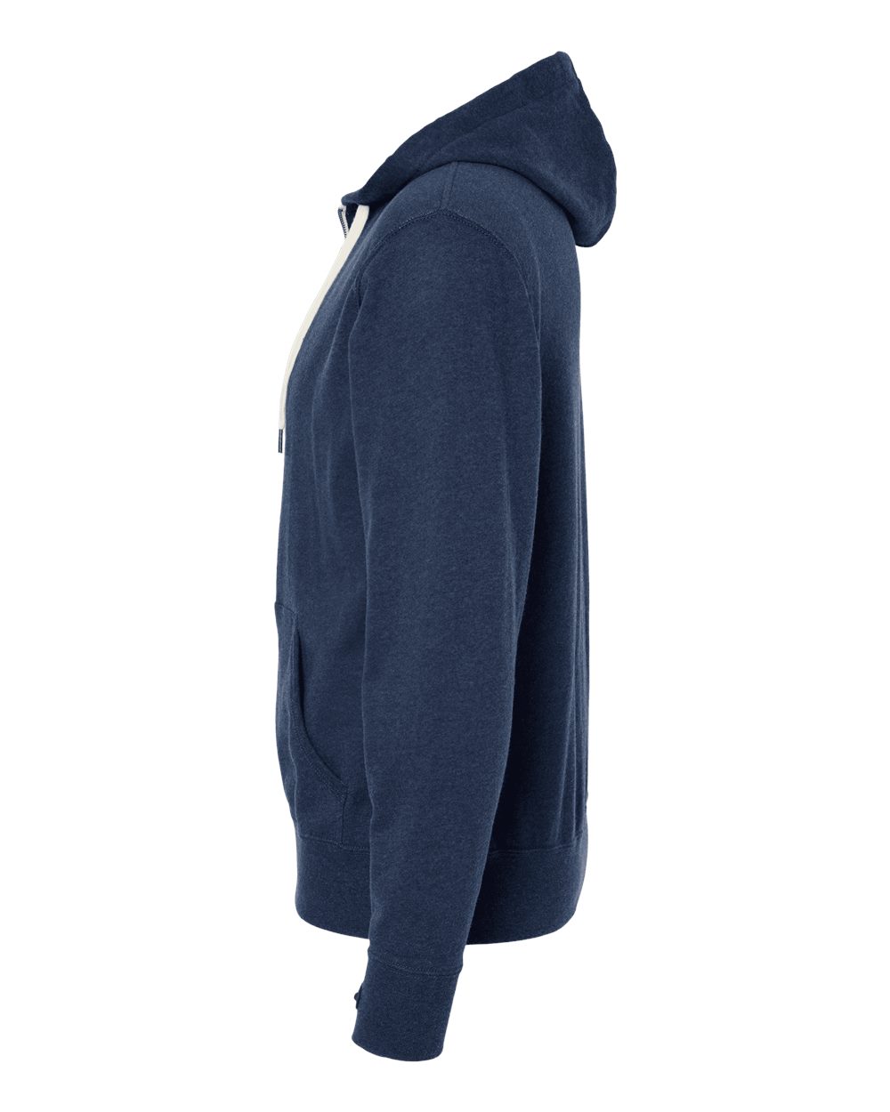 Left View of Navy Heather Heathered French Terry Full-Zip Hooded Sweatshirt - PRM90HTZ