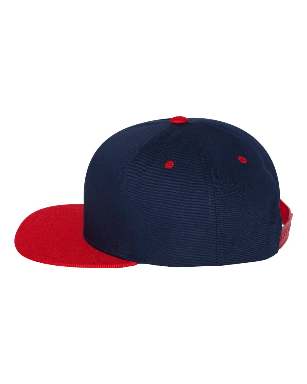 Left View of Navy/ Red Five-Panel Cotton Twill Snapback Cap - 6007