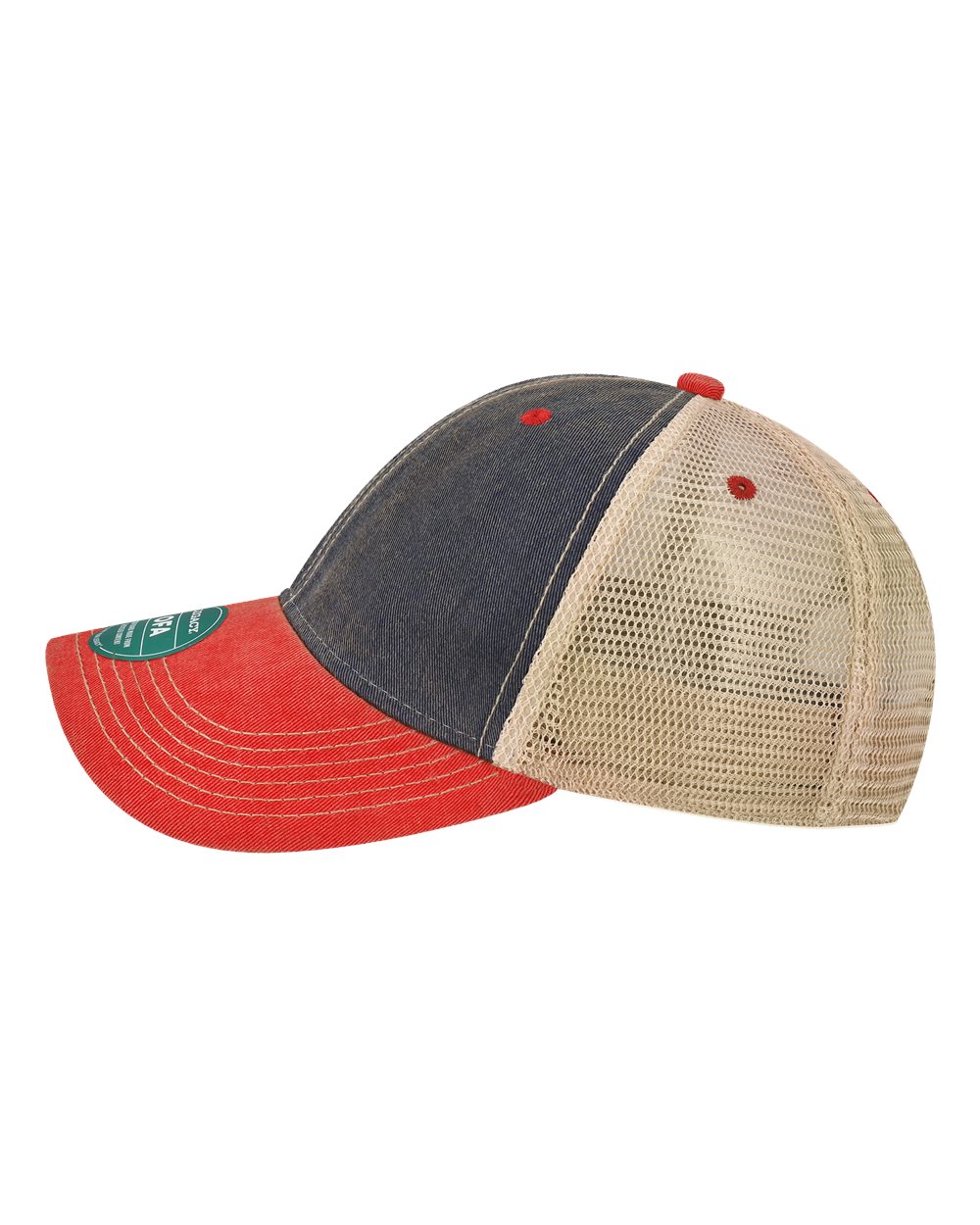 Left View of Navy/ Scarlet Red/ Khaki Old Favorite Trucker Cap - OFA