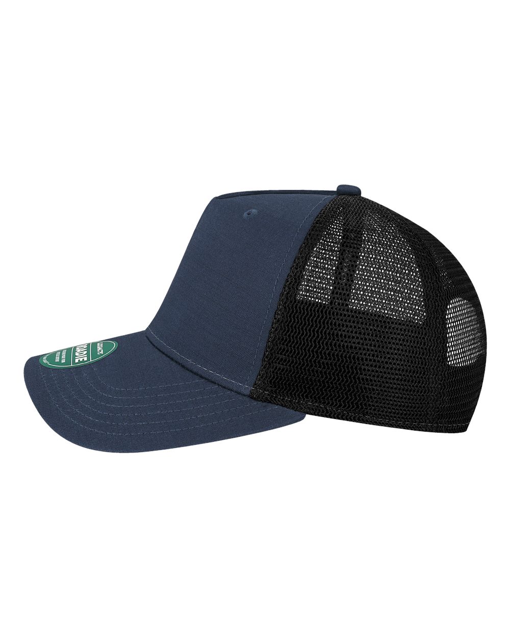 Left View of Navy Slub/ Black Five-Panel Trucker Cap - ROADIE