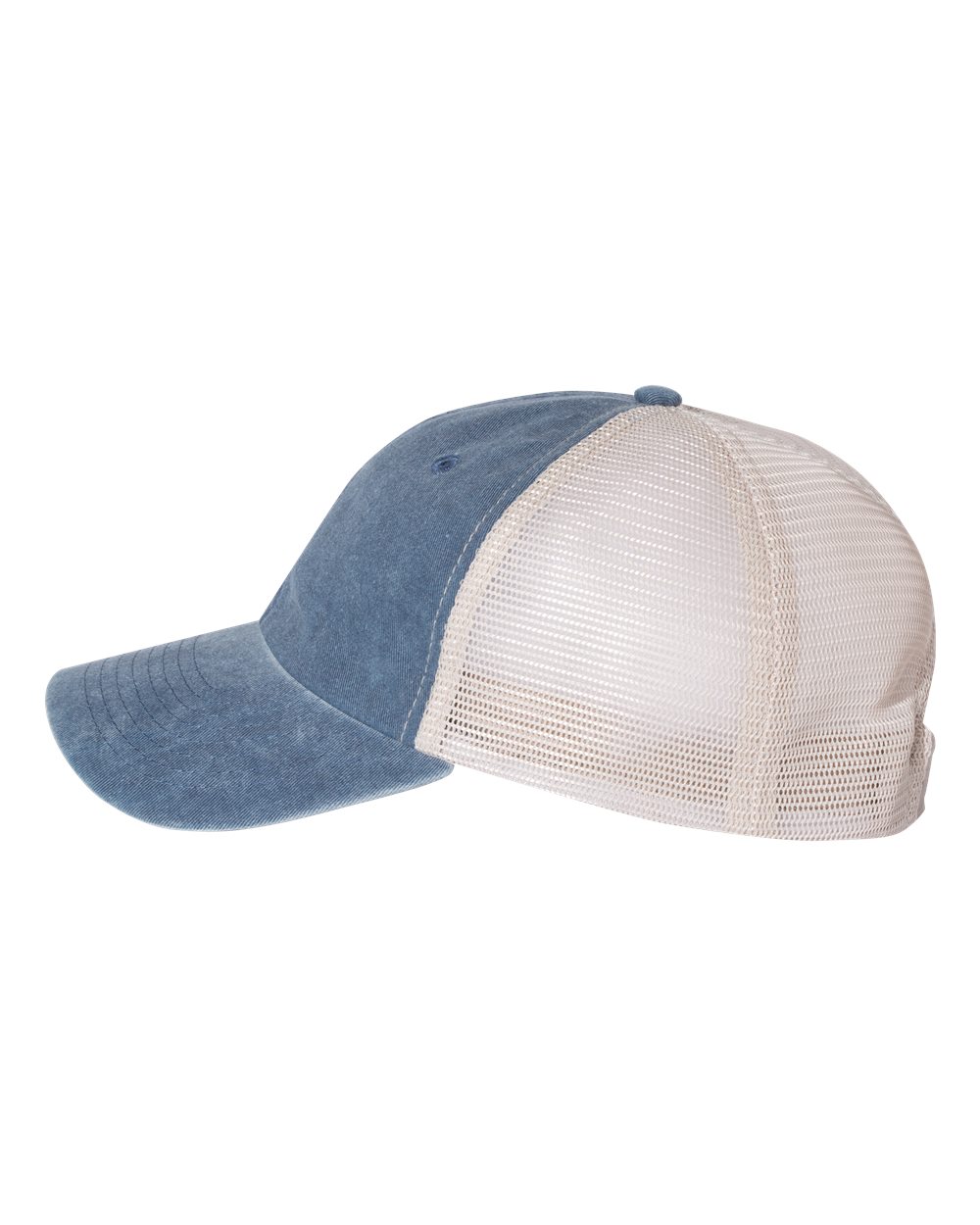 Left View of Navy/ Stone Pigment-Dyed Trucker Cap - SP510