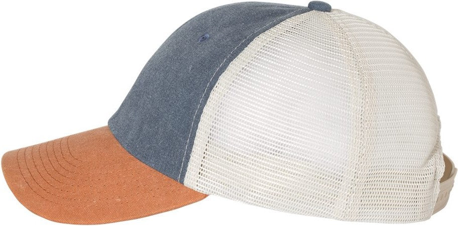 Left View of Navy/ Texas/ Stone Pigment-Dyed Trucker Cap - SP510